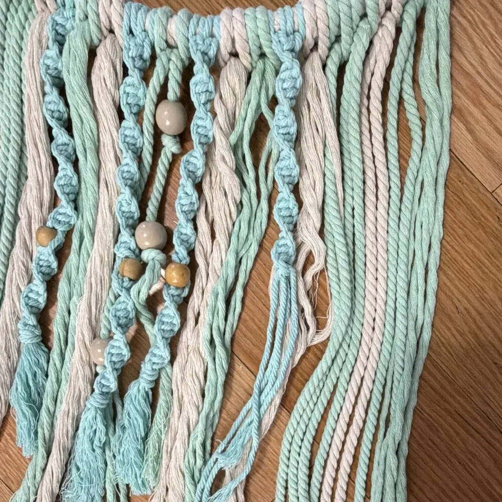 Handmade Macrame Wall Hanging Hoop Dreamcatcher Mint White Fringe Beads